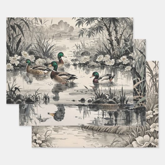 Mallard Ducks Chinese Illustratie Print Inpakpapier Vel (Set)