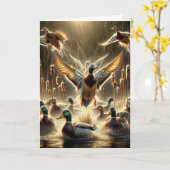 Mallard Ducks In Vijver Voor Verjaardag Kaart (Gele Bloem)