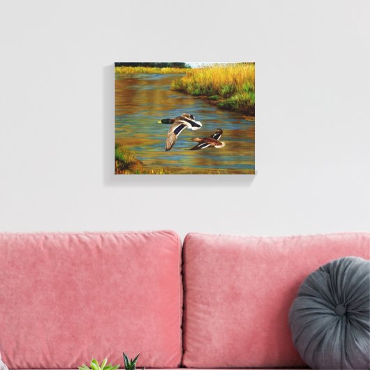 Mallard Ducks vliegen over de hond Canvas Afdruk (Insitu (Woonkamer))