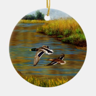 Mallard Ducks vliegen over de hond Keramisch Ornament