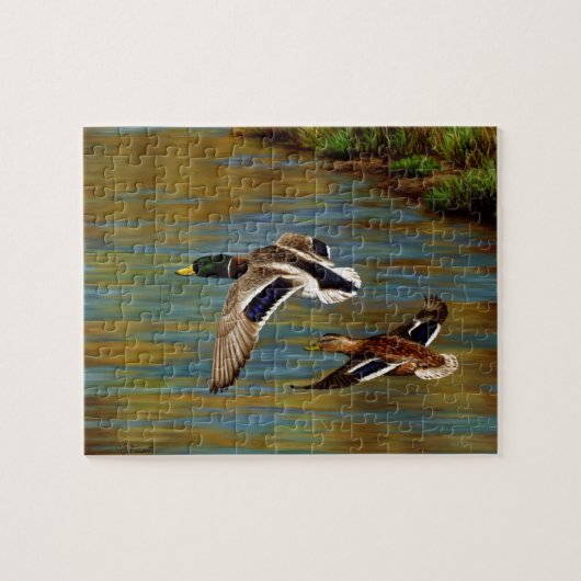 Mallard Ducks vliegen over de hond Legpuzzel (Horizontaal)