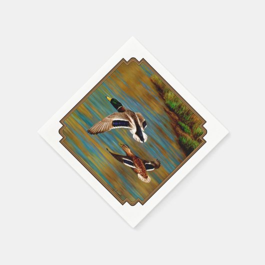 Mallard Ducks vliegen over de hond Servetten (Hoek)