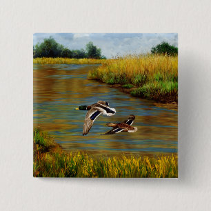 Mallard Ducks vliegen over de hond Vierkante Button 5,1 Cm