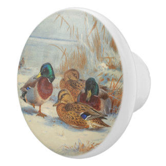 Mallard en blauwgroen in de sneeuw, Vogels Keramische Knop