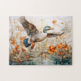 Mallard flying above pond with flowers legpuzzel