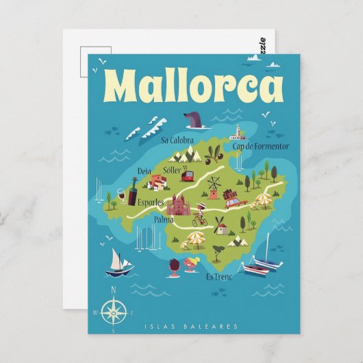 Mallorca Illustrated Map Briefkaart (Voorkant / Achterkant)