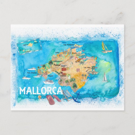 Mallorca Spain Illustrated Map met Landmarks Briefkaart (Voorkant)