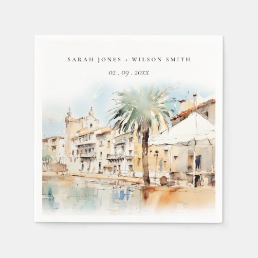 Mallorca Spanje Aquarel Landschap Bruiloft Servet (Voorkant)