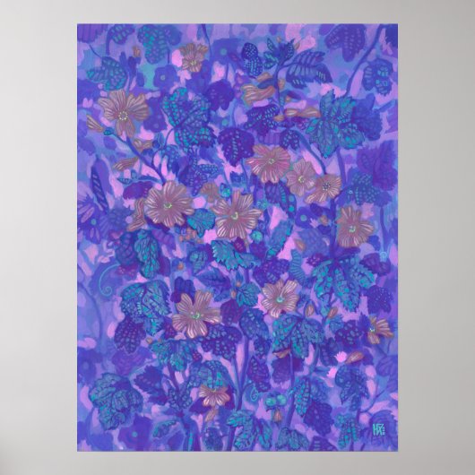 Mallow Bloom, Malva Flowers Floral Painting Paars Poster (Voorkant)