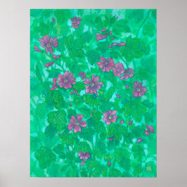 Mallow Bloom, Malva Flowers Summer Floral Painting Poster