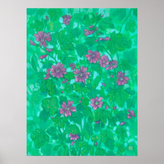 Mallow Bloom, Malva Flowers Summer Floral Painting Poster (Voorkant)