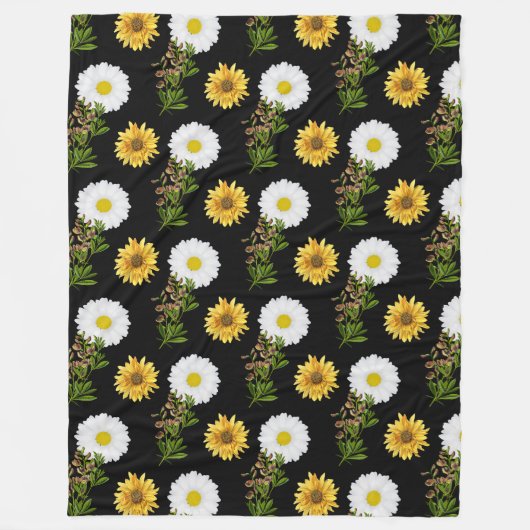 Malse Bloemige Madelief Zonnewortel op Zwart  Fleece Deken (Voorkant)