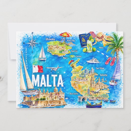 Malta geïllustreerde eiland reis kaart ansichtkaar (Voorkant)