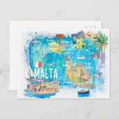 Malta Illustrated Island Travel Map met Wegen Briefkaart (Voorkant / Achterkant)