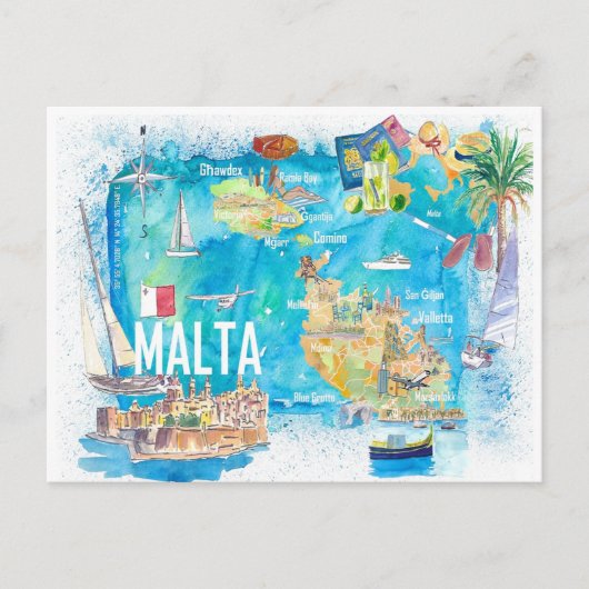 Malta Illustrated Island Travel Map met Wegen Briefkaart (Voorkant)