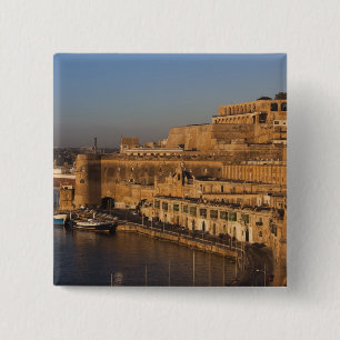 Malta, Valletta, havenzicht vanuit Lower Barrakka Vierkante Button 5,1 Cm