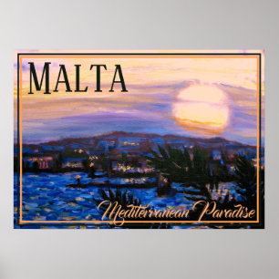 Malta Vintage Travel Mediterranean Paradise Sunset Poster