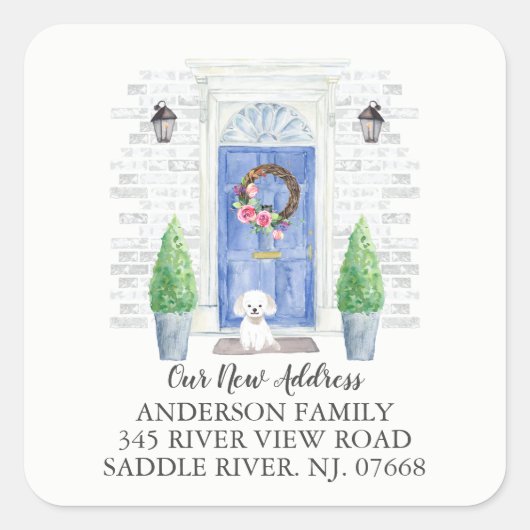 Maltees blauw deur Nieuw adres Etiket sticker (Voorkant)