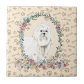 Maltees Dog Paw Print Floral Cute beige Tegeltje (Voorkant)