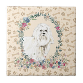 Maltees Dog Paw Print Floral Cute beige Tegeltje