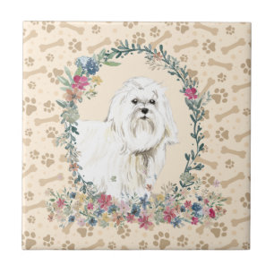 Maltees Dog Paw Print Floral Cute beige Tegeltje