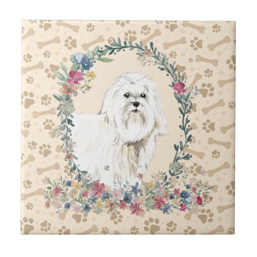 Maltees Dog Paw Print Floral Cute beige Tegeltje (Voorkant)
