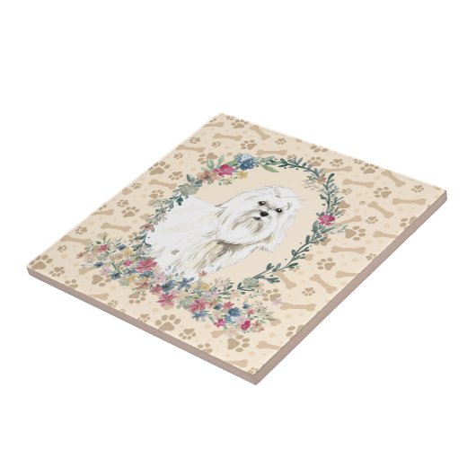 Maltees Dog Paw Print Floral Cute beige Tegeltje (Zijkant)