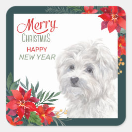 Maltees Dog Poinsettia Border Kerstmis Vierkante Sticker
