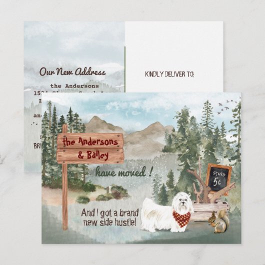 Maltees Dog Woodland Pine Nieuw Adres Aankondigingskaart (Voorkant / Achterkant)