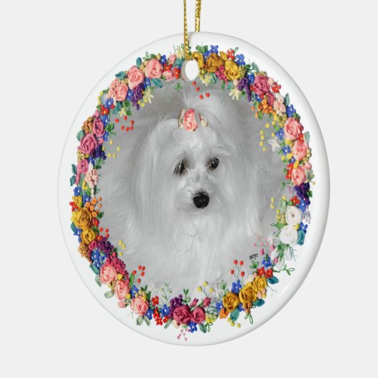 Maltees geperst met bloemen keramisch ornament (Links)