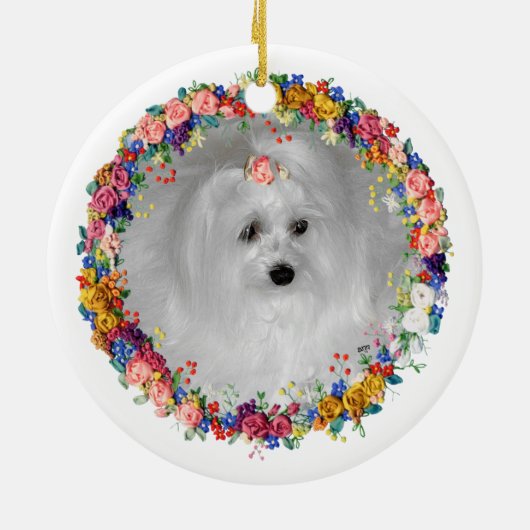 Maltees geperst met bloemen keramisch ornament (Achterkant)