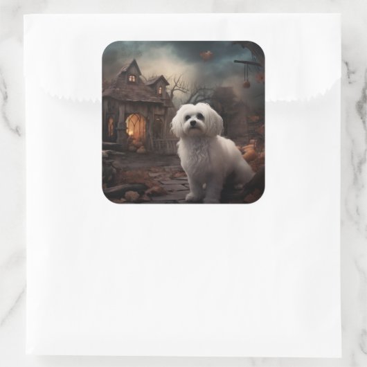 Maltees Halloween eng Vierkante Sticker (Tas)