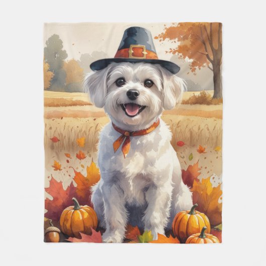 Maltees in Autumn verlaat Thanksgiving kunst Fleece Deken (Voorkant)