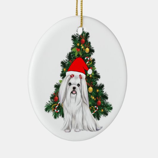 Maltees kerstfeest, kerstmanshond met kersthoed keramisch ornament (Rechts)