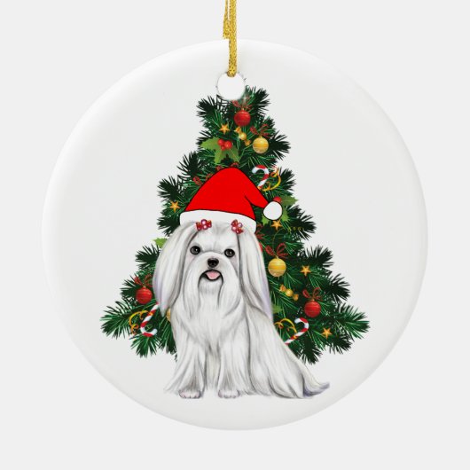 Maltees kerstfeest, kerstmanshond met kersthoed keramisch ornament (Achterkant)