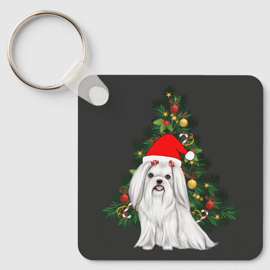 Maltees kerstfeest, kerstmanshond met kersthoed sleutelhanger (Voorkant)