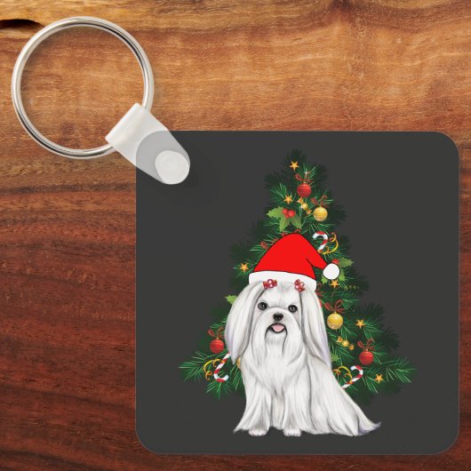 Maltees kerstfeest, kerstmanshond met kersthoed sleutelhanger (Voorkant)