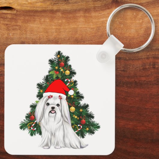 Maltees kerstfeest, kerstmanshond met kersthoed sleutelhanger (Achterkant)