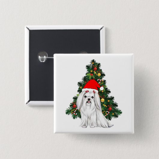 Maltees kerstfeest, kerstmanshond met kersthoed vierkante button 5,1 cm (Voorkant /achterkant)