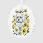 Maltees Klein :Witte hond Bree in gele bloemen Ornament (voorkant)