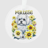 Maltees Klein :Witte hond Bree in gele bloemen Ornament (voorkant)