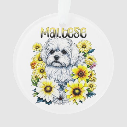 Maltees Klein :Witte hond Bree in gele bloemen Ornament (voorkant)