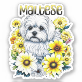 Maltees Klein :Witte hond Bree in gele bloemen Sticker