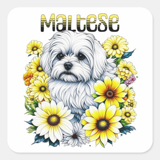 Maltees Klein :Witte hond Bree in gele bloemen Vierkante Sticker (Voorkant)