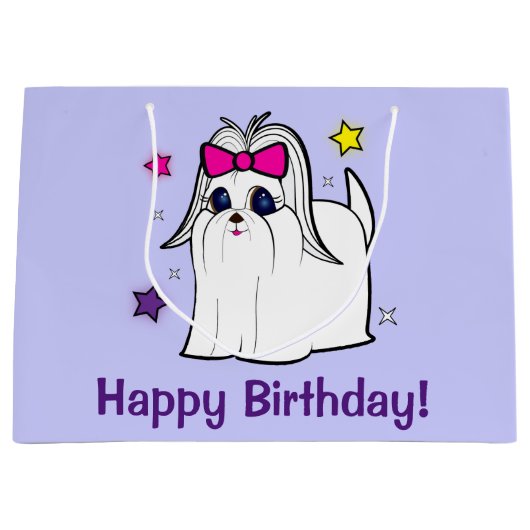 Maltees met Bow en Stars Happy Birthday Groot Cadeauzakje (Voorkant)
