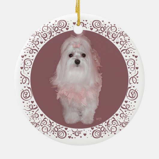 Maltees op Mauve Keramisch Ornament (Achterkant)