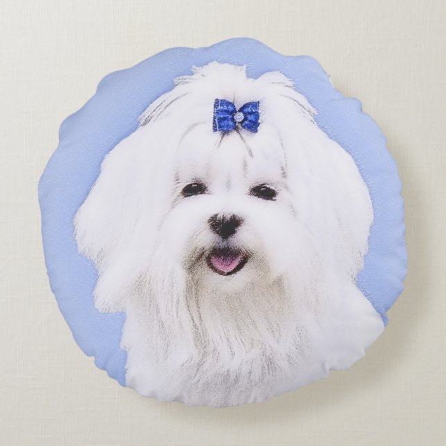 Maltees schilderen - Kute Original Dog Art Rond Kussen (Achterkant)