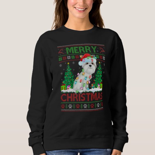 Maltees Ugly KerstSweater Reindeer Lights voor Trui (Voorkant)