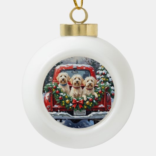 Maltese Christmas Red Truck Holiday Keramische Bal Ornament (Voorkant)