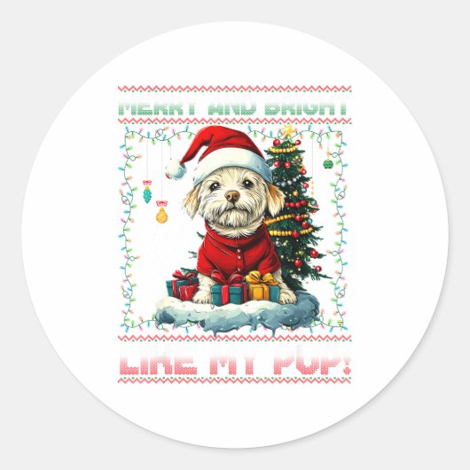 Maltese Christmas Tree Lights Decorations Dog Love Ronde Sticker (Voorkant)